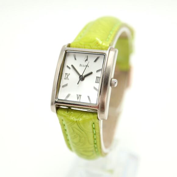 Bulova Accessories - Bulova Silver Tone Womens 23mm Tank Watch Yellow Green Leather w New Battery